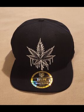 NWT! Black Snapback Hat with Silver Leaf Embroidery